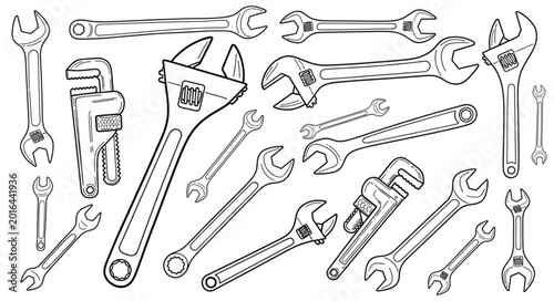 Foto Collection of Various Wrenches and Tools for Repair and Construction