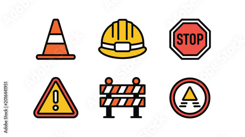 Set of construction site safety signs and icons