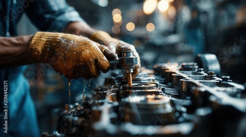 close-up of mechanic repairing industrial engine with tools, enlarged perspective focusing on hands, machinery details, and grease textures, shallow depth of field with blurred workshop background