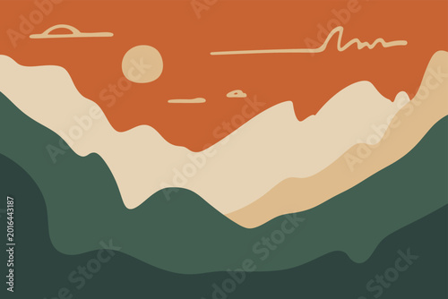 Canvas Print Abstract mountain sunset with sun and clouds vector illustration mountains lands
