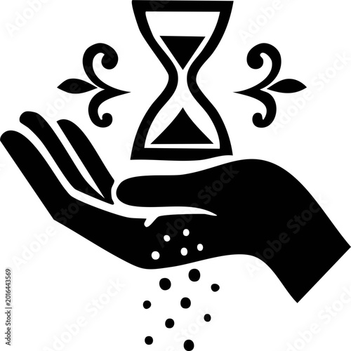 Hand holding hourglass vector illustration symbolizing time, business concept and love with silhouette icon design