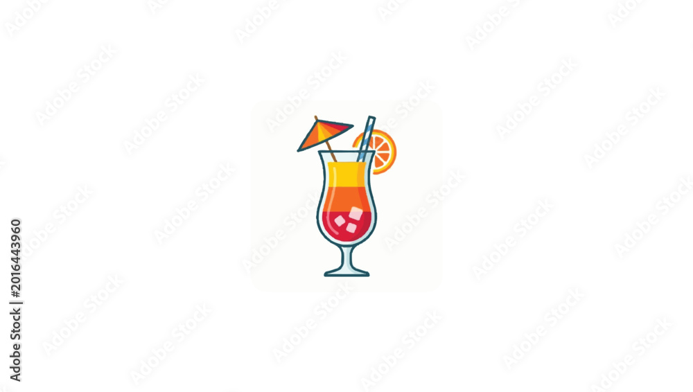 Fototapeta premium Tropical Cocktail Illustration With Umbrella, Orange Slice and Ice in Decorative Glass
