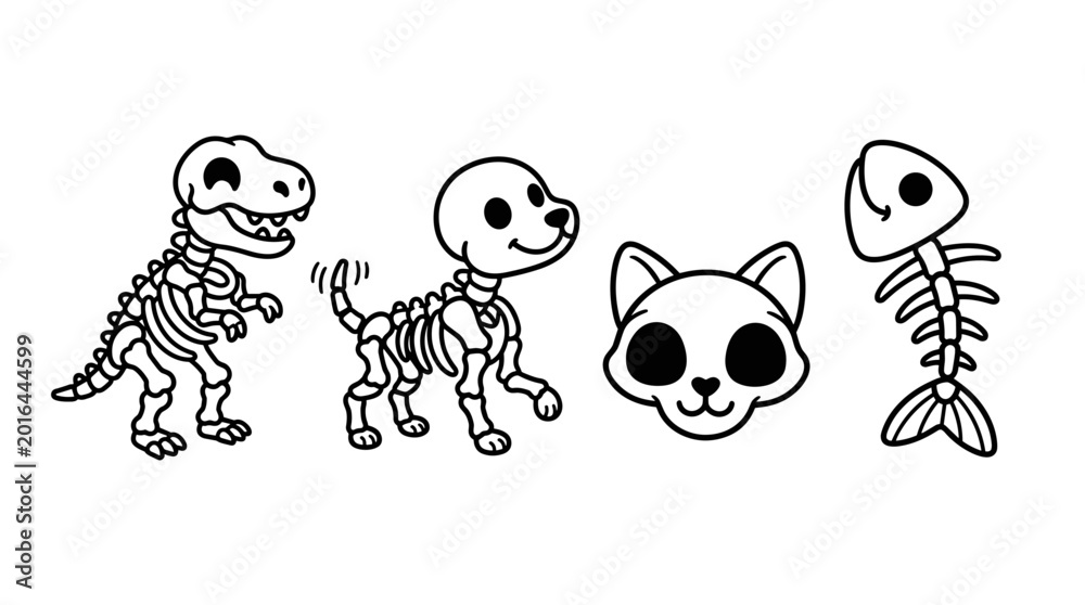 Fototapeta premium Skeletons of cartoon animals and fish.