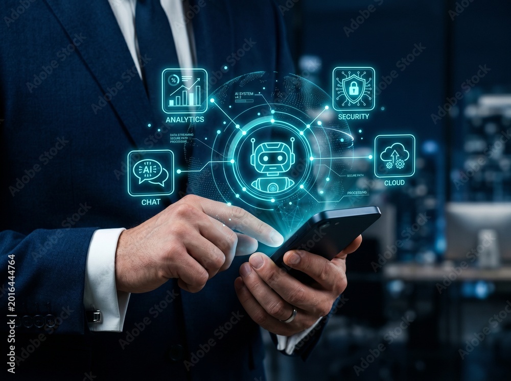 Fototapeta premium Business professional controlling AI system integration with automation workflow icons including chat document analytics cloud and process structure for digital transformation, enterprise technology 