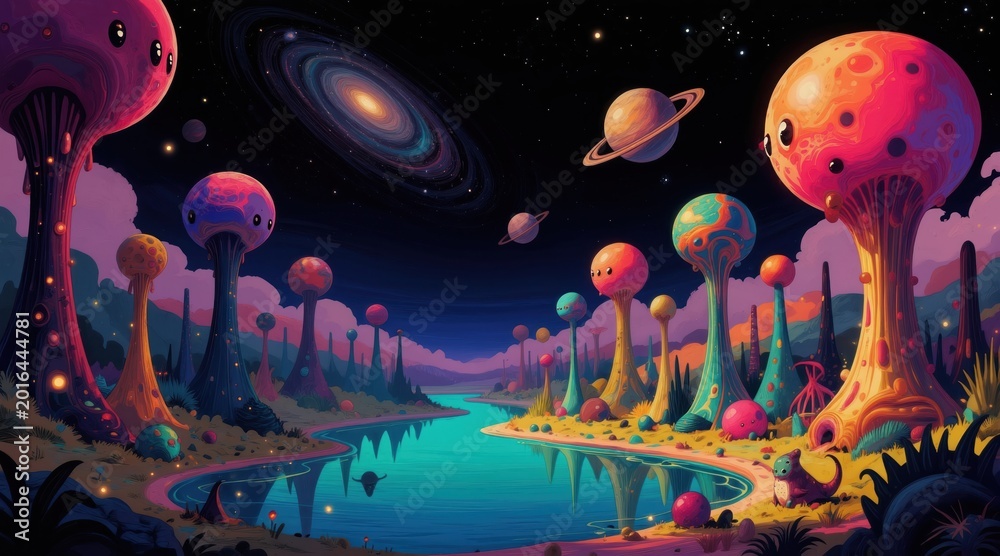 Obraz premium Alien planet landscape with bizarre mushroom trees and weird creatures. A cosmic river reflects colorful sky and galaxy. Fantasy world with strange flora and fauna.