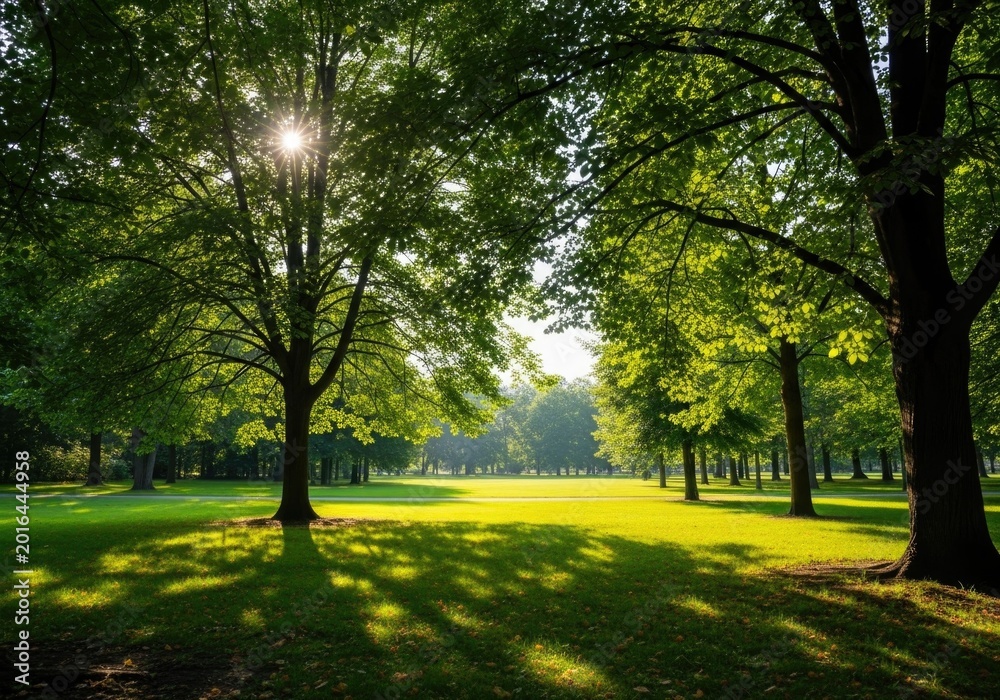Fototapeta premium Sunlight filtering through lush green trees in a park landscape