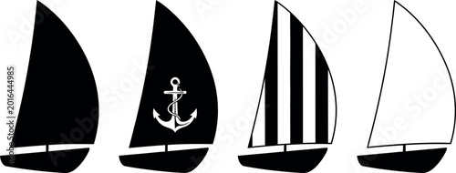 Fotografie Silhouette of four sailboats with different sail designs on a white background