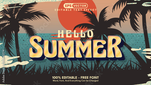 Hello summer 3d editable text effect with palm trees and sunset. Tropical summer vacation typography background illustration: summer advertising promotional template, creative celebration greeting.
