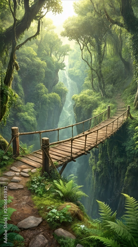 Naklejka premium Suspension bridge spanning deep canyon in lush tropical jungle. Wooden walkway leading through misty rainforest landscape with waterfall.