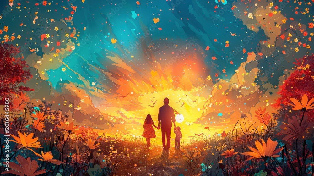 Fototapeta premium Couple holding hands watching vibrant sunset over wildflower field