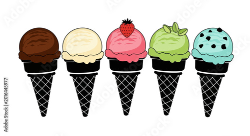 Foto Five ice cream cones in various flavors colorful vector illustration