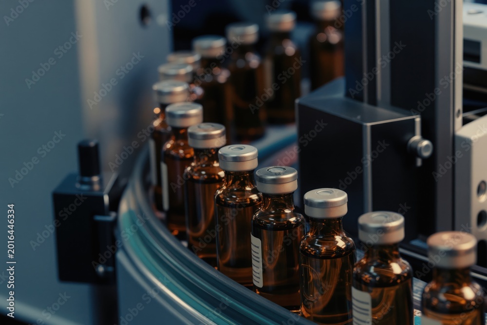 Naklejka premium Glass vials filled with amber liquid move along automated production line in a modern pharmaceutical factory. Bottles are capped and sealed. Liquid is prepared for medical use in healthcare.