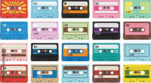 Photos Retro Audio Cassette Tape Collection with Colorful Vintage Music Recording Desig