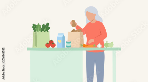 Tableau sur toile Elderly woman unpacking groceries with fresh fruits and vegetables