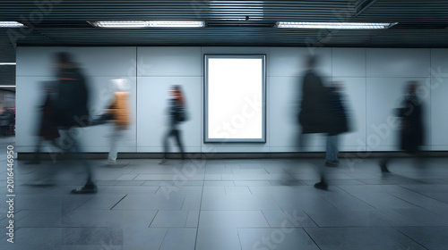 Blank Billboard Mockup in Subway Station with Blurred People Walking for Advertising