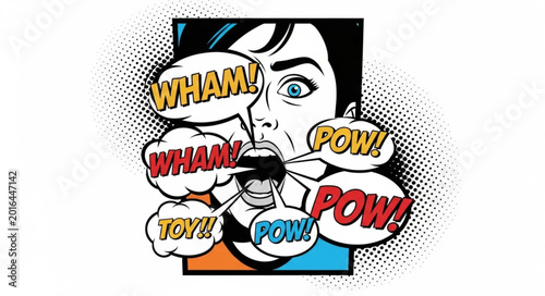 Photos Comic Book Style Woman Yelling Exclamations and Sound Effects.
