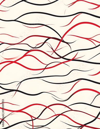 A digital artwork featuring wavy red and black lines on beige