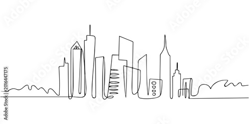 Obraz na płótnie A minimalist single line drawing of the iconic new york city skyline featuring one tall tower, Urban Skyline