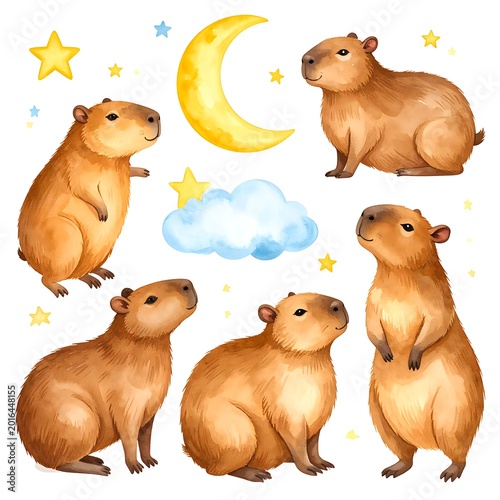A digital illustration of five capybaras under a crescent moon