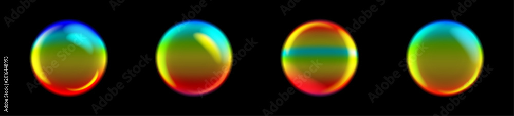 Fototapeta premium Set of 4 vector soap bubbles with rainbow reflections on black background. Realistic iridescent spheres created with mesh gradient. Translucent floating balls with highlights for creative design.