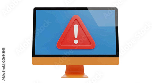 Vector illustration of 3d render of a computer monitor displaying a red warning sign on a transparent background