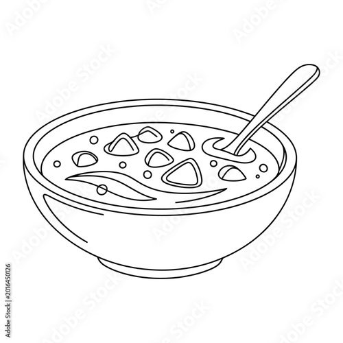 Photos Bowl of soup with spoon line art illustration for restaurant menu design and cul