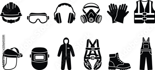 Fotografia Personal protective equipment silhouette set with hard hat, goggles, respirator,