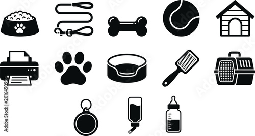 Pet care icons with leash bone ball paw bowl brush tag dispenser and bottle, decorative artwork vector illustration element for animal, dog, and cat design