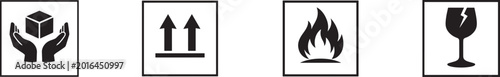 Simple packing symbol set with fragile, handle with care, flammable, upward, and keep dry vector icons.