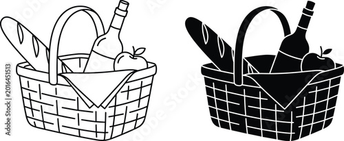 Picnic Basket Illustration Set Featuring Line Art and Silhouette Styles with Food and Drink Elements