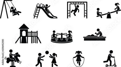 Bild auf Leinwand Playground Activity Silhouette Icon Set Featuring Swings, Slides, Monkey Bars, S