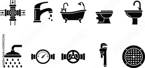 Canvastavla Plumbing icon illustration set, black designs showing faucet, bathtub, toilet, s