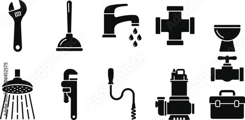 Photos Plumbing tools icon illustration set, black designs showing wrench, plunger, fau