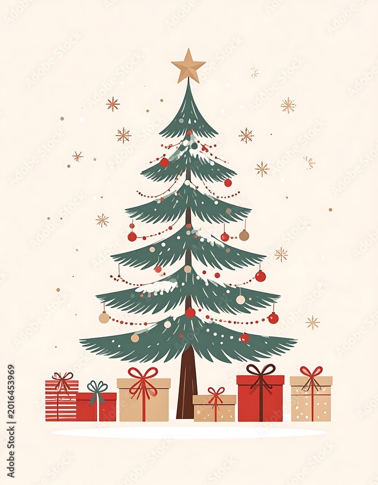 Fototapeta premium A decorated Christmas tree with presents and stars on cream background