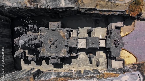 Aerial view of the Kailasa Temple at Ellora Caves in Maharashtra, India. This ancient rock-cut temple, carved from a single monolithic structure, stands as a masterpiece of Indian architecture.