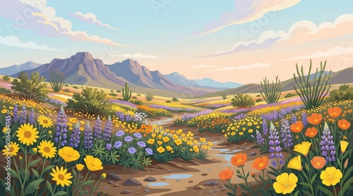 Vibrant desert wildflowers bloom after rain with mountains landscape