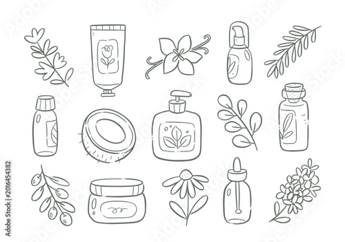 Collection of 15 natural cosmetics icons featuring different types of jars and bottles for creams, essential oils, soaps, and more, as well as plants commonly used in the production of these products.