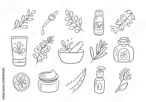 Obraz na plátně Collection of 15 natural cosmetics icons featuring different types of jars and bottles for creams, essential oils, soaps, and more, as well as plants commonly used in the production of these products