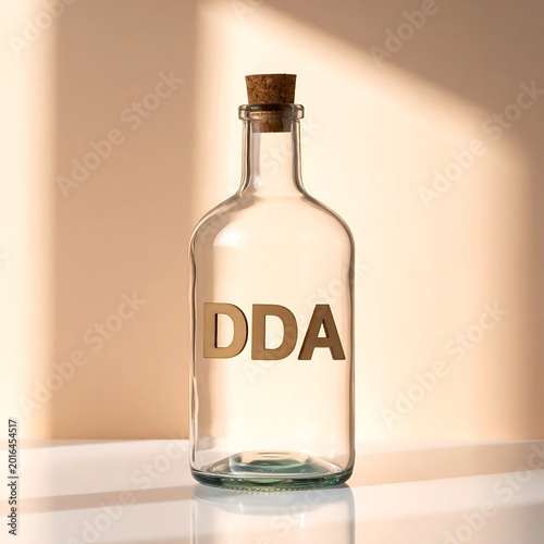 A glass bottle with a cork stopper on a table