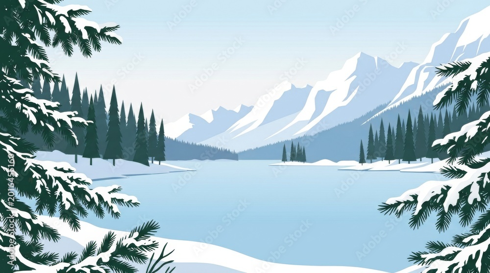 Fototapeta premium serene winter lake scene with snow covered mountains and trees