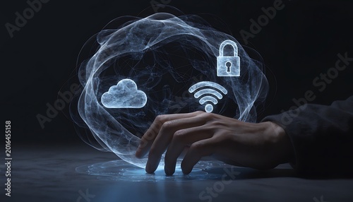 Hand interacting with glowing digital sphere of cloud, wi-fi, and security on dark background, representing digital connectivity and data