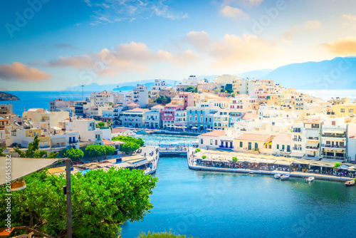 lake in harbour of Agios Nikolaos, Crete, Greece retro toned