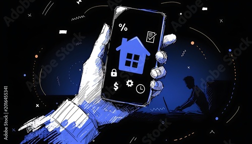 Hand holding a smartphone with a house and financial symbols, with a silhouette of a person working on a laptop in the background.keywords: hand