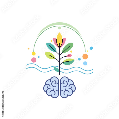 Brain and plant growth illustration, creativity, nature, and mental health icon