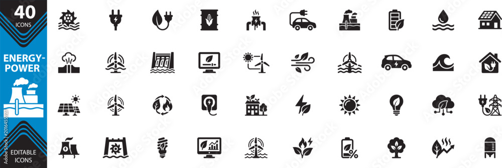 Obraz premium Energy and power icons set editable vector graphics for renewable energy sustainability and electricity concepts. solar, geothermal, electricity, production editable icons and vectors.