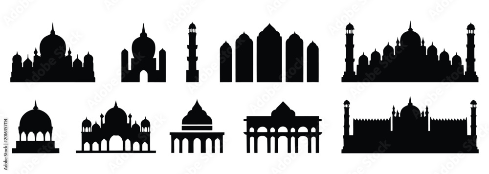 Fototapeta premium Silhouette of diverse architectural landmarks and religious buildings at dusk