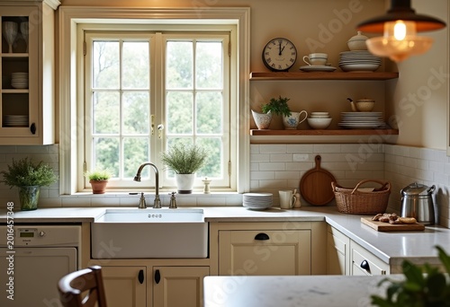 French provincial kitchen interior, soft beige tones, antique dishes, romantic light