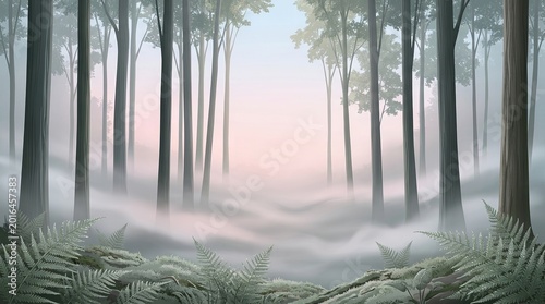 mystical dawn fog forest landscape with trees and ferns