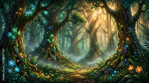 magical glowing forest pathway with mystical light at sunrise fantasy nature scene