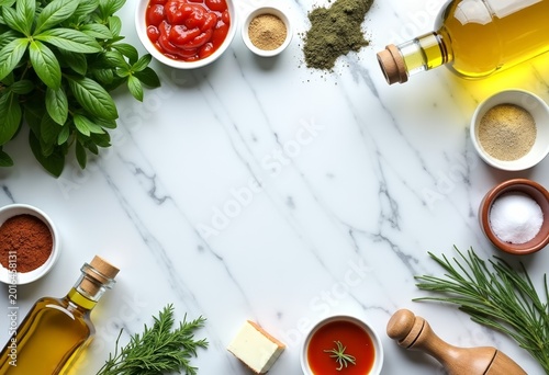 flat lay of cooking ingredients on marble kitchen surface, herbs, spices, olive oil bottles